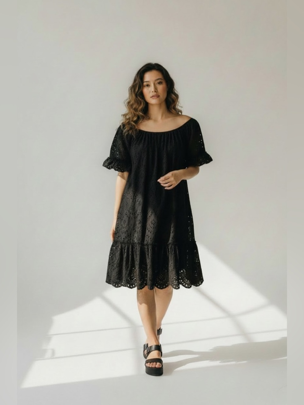 valentina Naldi boho eyelet relaxed ruffle dress black lagen‎ 90s sz M